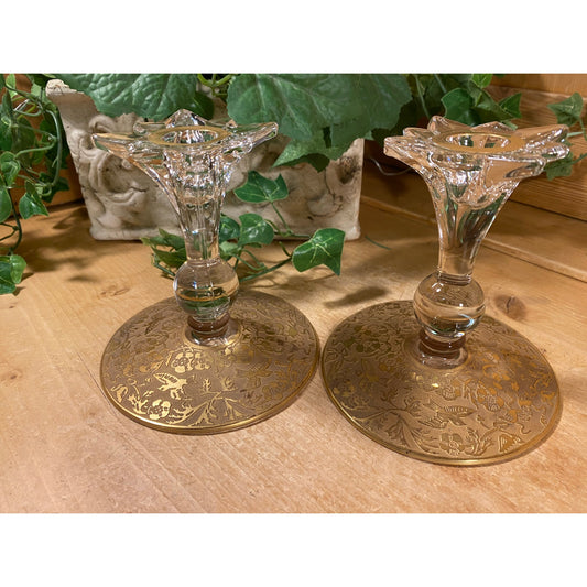Vintage Sterling Overlay Glass Candle Holders - Set of 2 | Paden City | Cornucopia | Clear Glass + Silver Floral | Victorian Table Decor