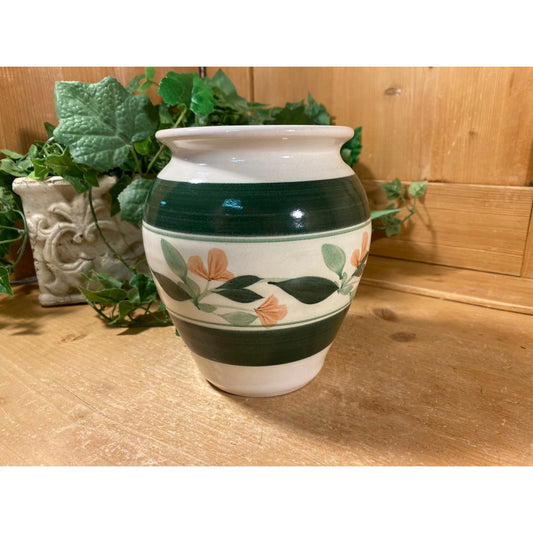 Vintage Ceramic Flower Vase and Dark Green Trim | Cottagecore Table Decor | White, Green and Peach | Round Floral Ceramic Vase Vase