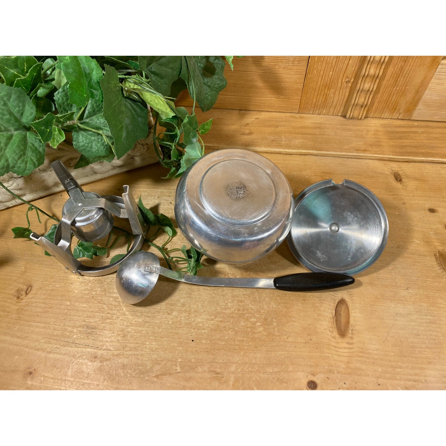 Vintage Aluminum Warming Pan 3 pc. Set | Fondue, Sauce, Milk | Spain | Pot, Base, Ladle | Aluminum + Black Bakelite | Midcentury Modern