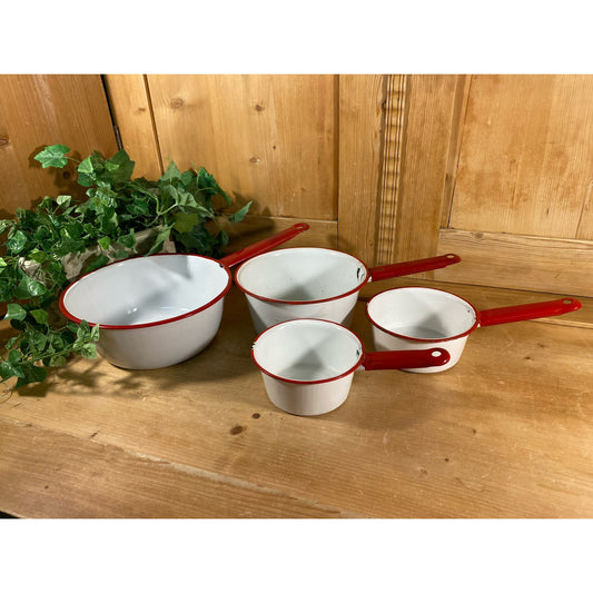 Vintage White Enamel Pots with Red Trim - Set of 4 | White Enamel Cookware with Red Trim | Rustic Farmhouse Kitchen Decor | Enamelware Pans