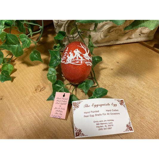 Vintage Handpainted Real Eggshell Ornament | Victorian Family In Snow | Eggsquisite Egg | Red Christmas Egg | Painted Egg Signed by Artist