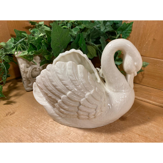 Vintage Ivory Ceramic Swan Planter with Rose | Shabby Chic Table Decor | Swans | Cottagecore Room Decor | White Swan Planter | Swan Cachepot