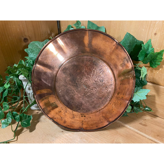 Vintage Shallow Copper Bowl with Etched Dragon | Scalloped Copper Serving Plate | Boho Decor | Academia Wall Decor | Dragons | Bohemian