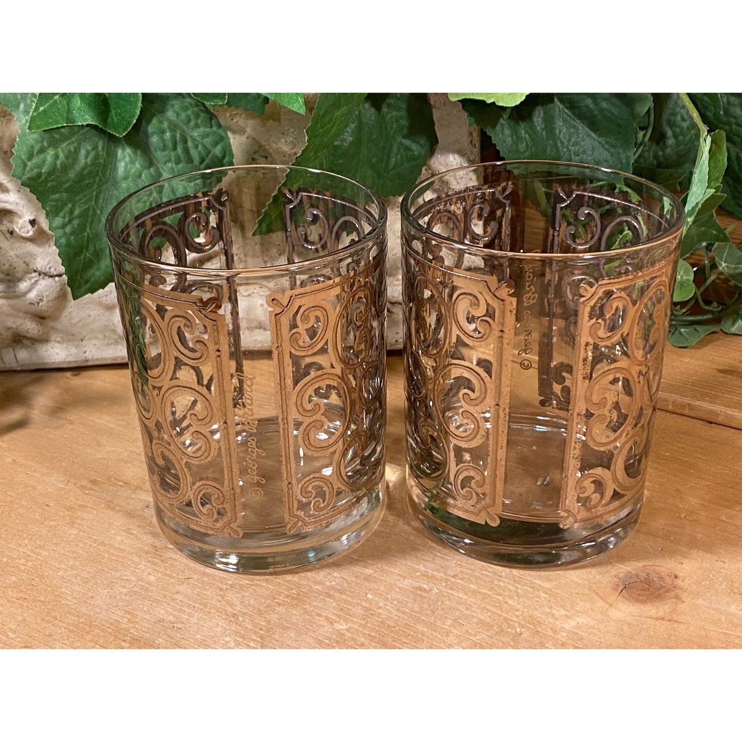Vintage Spanish Scroll Double Old Fashioned Glasses - Set of 2 | Georges Briard | 22K Gold Filigree | Academia | Glasses with Gold Accents