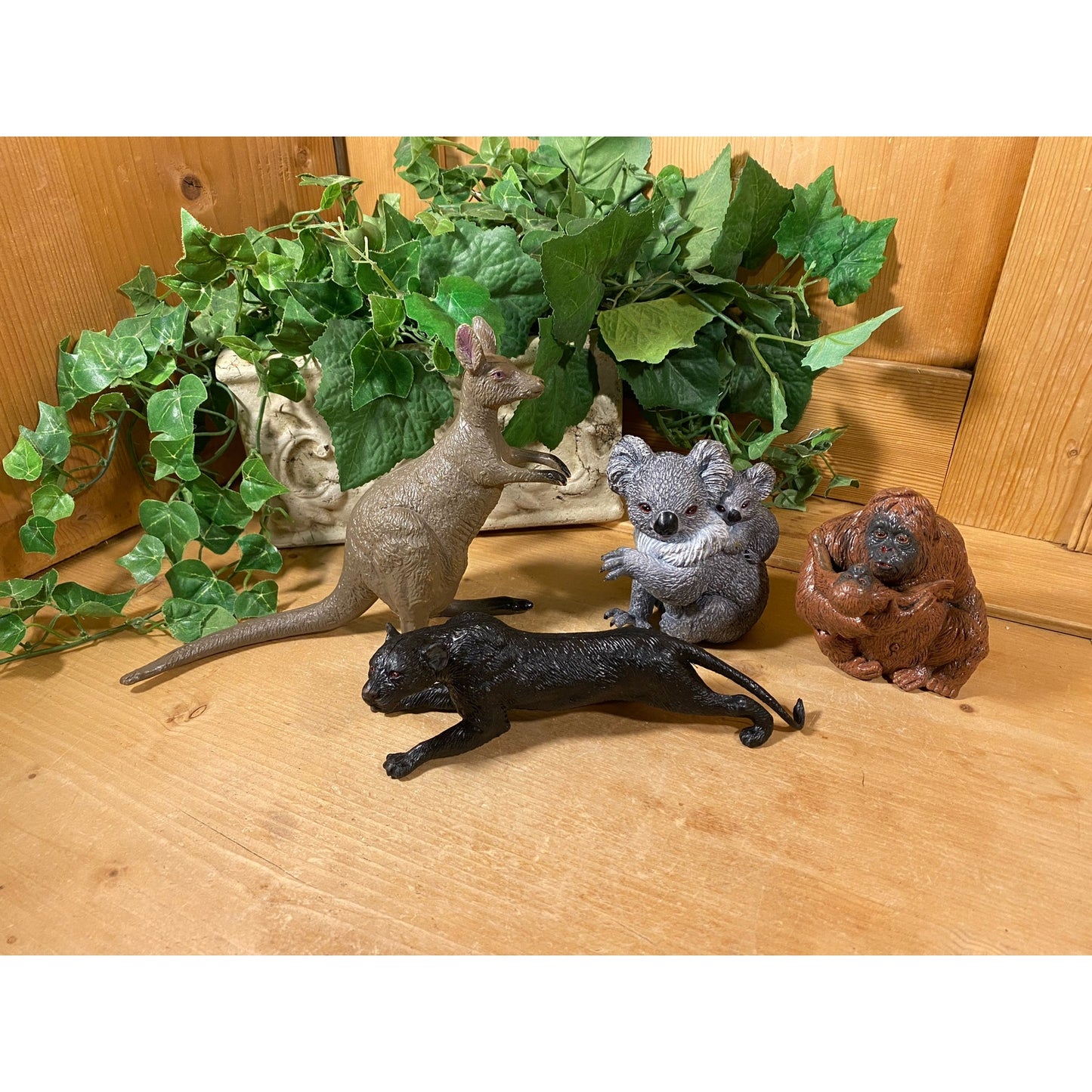 Vintage Realistic Heavy Molded Plastic Animals - Set of Four | Black Panther, Kangaroo, Koala Bear with Baby, Chimpanzee with Baby | Toys