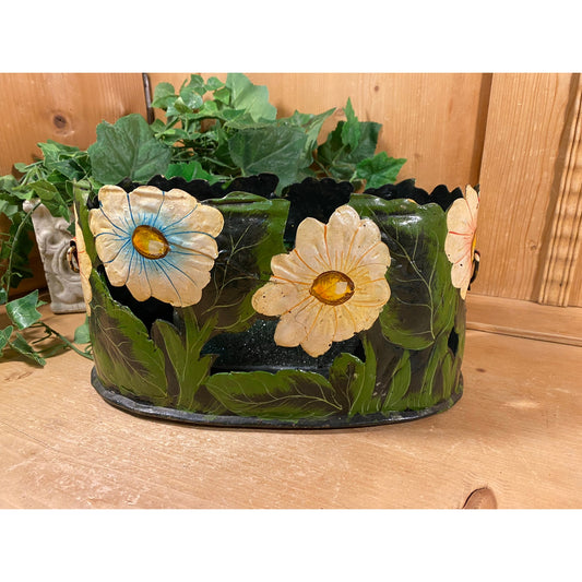 Vintage Painted Flowers Metal Planter | Oval Metal Planter with Colorful Flowers | Cottagecore Table Decor | Spring Floral Centerpiece