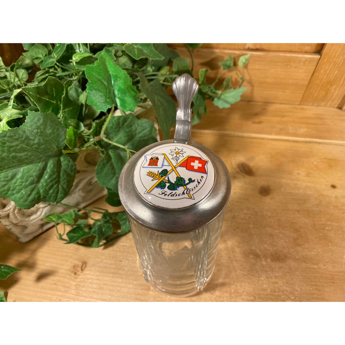 Vintage Feldschlosschen Glass Beer Stein | Swiss Brewery | Glass Beer Mug with Pewter Lid and Handle | Academia | Traditional German Stein