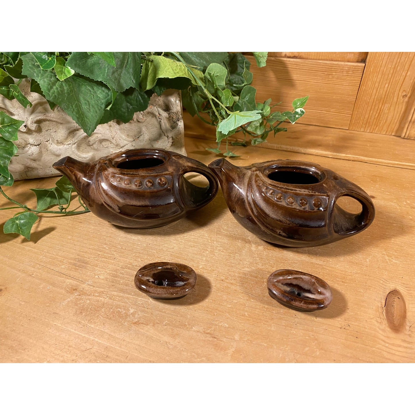 Vintage Brown Drip Ceramic Teapots - Set of 2 | Aladdin / Genie Teapot | Pair of Brown Pottery Teapots | Boho Kitchen Decor | Bohemian Decor