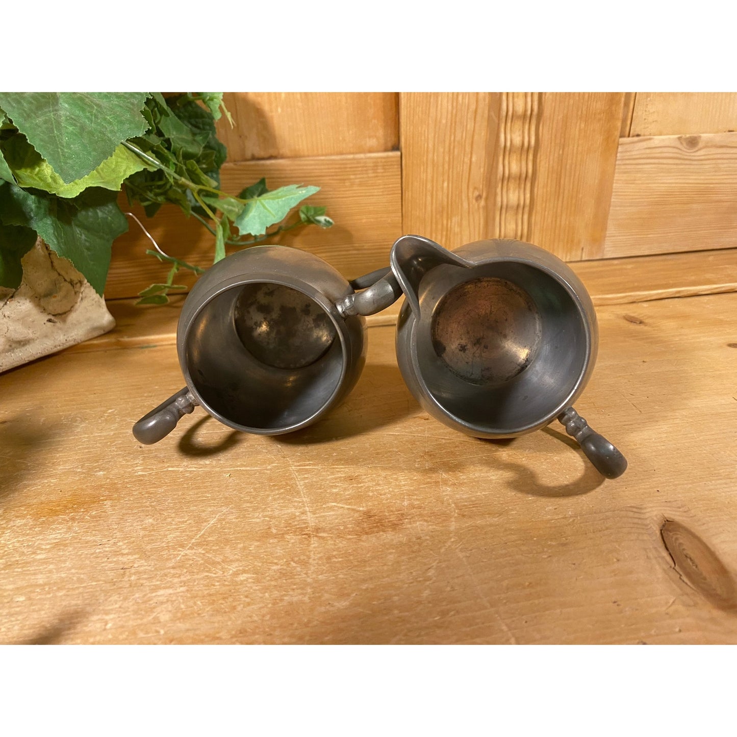 Vintage Pilgrim Pewter Sugar Bowl and Creamer - Set of 2 | Academia | Metal Sugar Bowl + Cream Pitcher | Cream and Sugar Set | Victorian