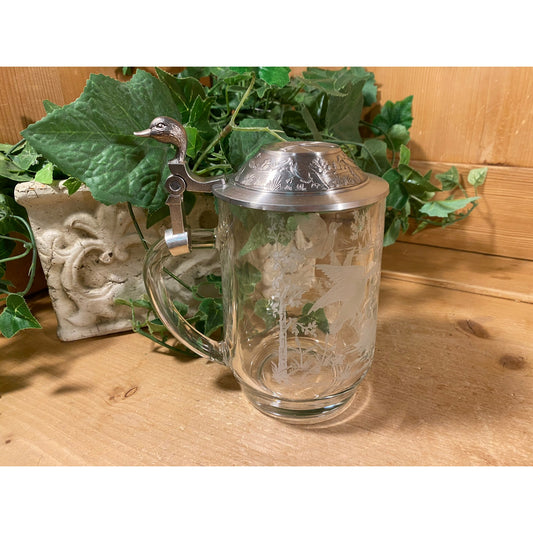 Vintage Etched Mallard Duck Glass Beer Mug with Hinged Pewter Lid | Etched Glass Beer Mug with Duck In Flight | Academia Barware Decor