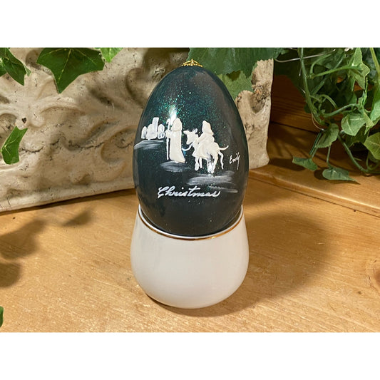 Vintage Handpainted Real Eggshell with Christmas Scene: Mary & Joseph | Eggsquisite Egg | Folkart | Dark Blue Painted Egg (cup not included)