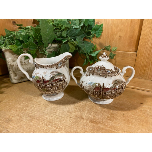 Vintage Brown Transferware Cream and Sugar Set  | Johnson Brothers | Heritage Hall | Made In England | Farmhouse | Cream Pitcher, Sugar Bowl