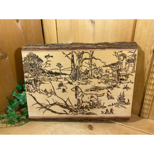 Vintage Dog & Forest Pyrography Art | Log Wood Burning Wall Plaque | Hunting Handmade Artwork | Farmhouse Decor | Cabin Artwork
