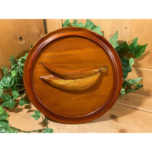 Vintage Wood Banana Wall Plaque | Round Wooden Plaque with Wooden Bananas | Midcentury Modern Kitchen Wall Decor | Carved Wooden Banana