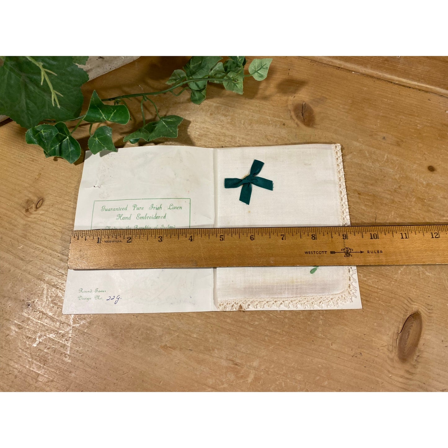 Vintage Ireland Souvenir | Irish Handkerchief | Hand Embroidered Irish Linen Shamrock, Green Ribbon and Tatted Trim | An Irish Gift