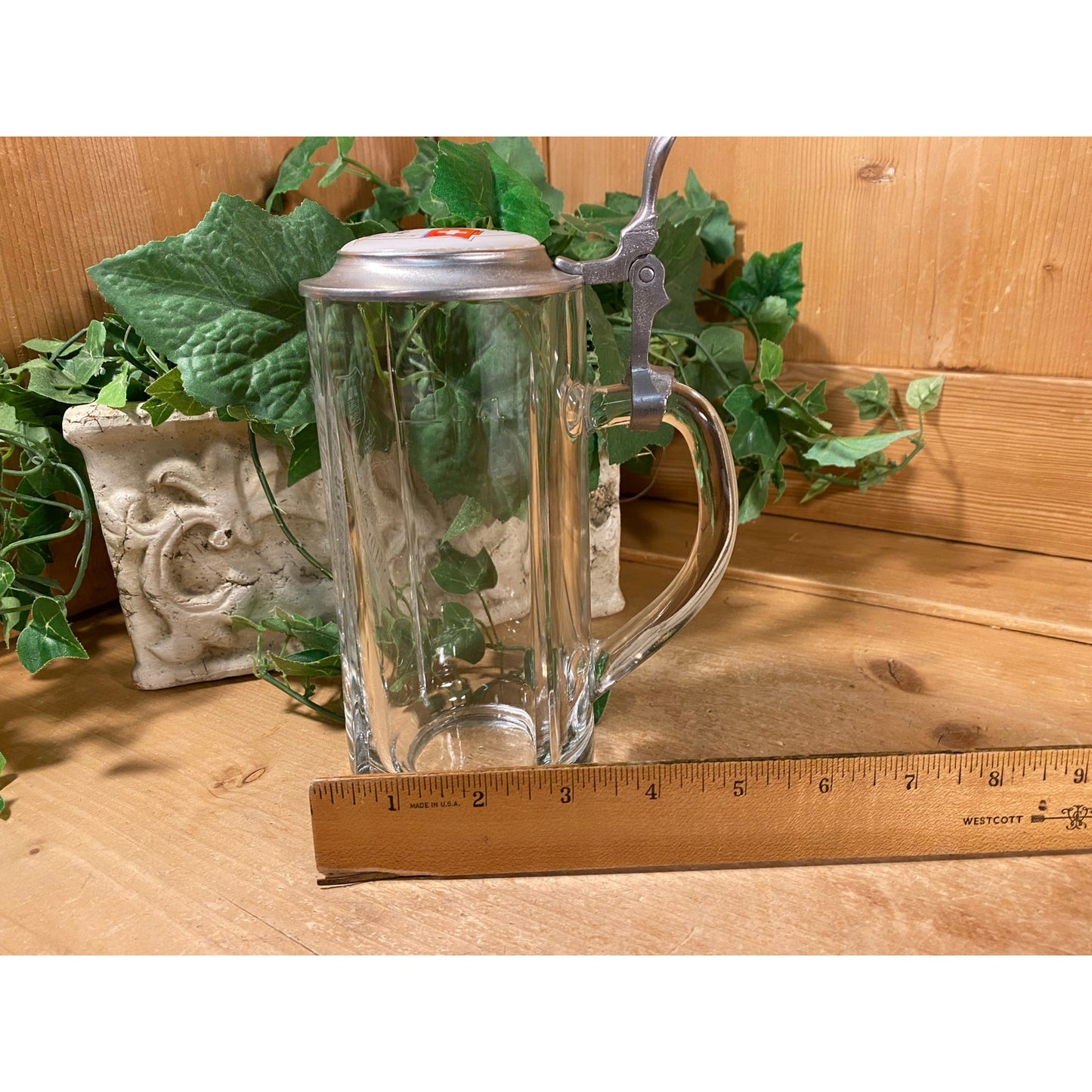 Vintage Feldschlosschen Glass Beer Stein | Swiss Brewery | Glass Beer Mug with Pewter Lid and Handle | Academia | Traditional German Stein