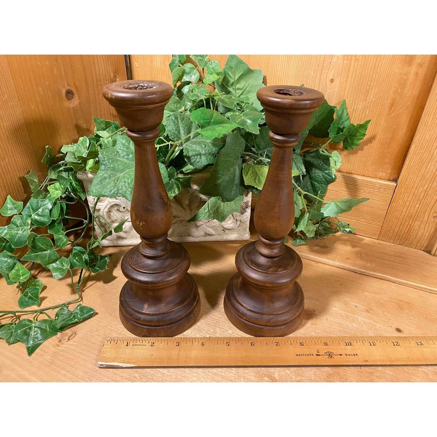 Vintage Handcrafted Wooden Candlesticks - Set of 2 | Rustic Farmhouse Table Decor | Carved Dark Brown Wood Candle Holders | Primitive Decor