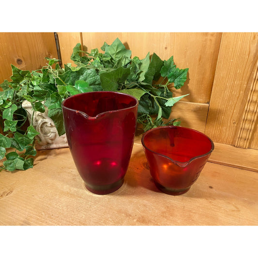 Vintage Cranberry Red Metal and Plastic Measuring Cups - Set of Two | Farmhouse Kitchen Decor | Midcentury Modern | Red Plastic Measure Cups