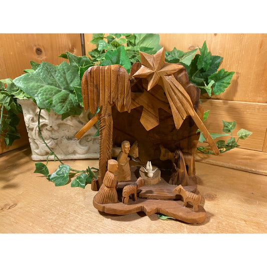 Vintage Wooden Manger Nativity Set with Affixed Figures | Wood Creche | Christmas | Rustic Holiday Table Decor | Primitive Manger Scene