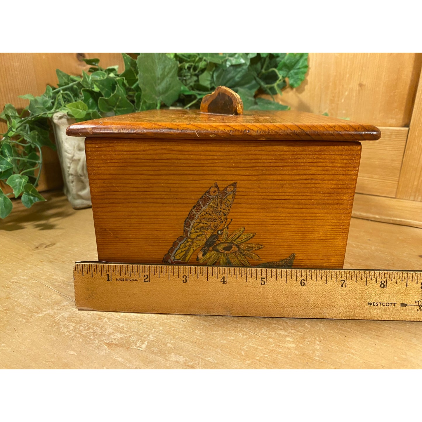 Vintage Hand-Painted Wooden Jewelry Box with Lid | Palm Trees and Cactus | Crystal City, TX | Inscription - 1944 | Midcentury Keepsake Box
