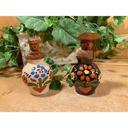 Vintage Handcrafted German Salt + Pepper Shaker Set | Handarbeit | Floral Ceramic Shakers with Carved Wooden Stoppers | Cottagecore Kitchen