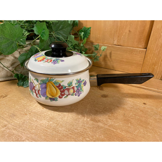 Vintage Covered Enamelware Stockpot with Fruit Design  | White Porcelain and Enamel Simmer Sauce Pan | Cottagecore Kitchen Shelf Decor