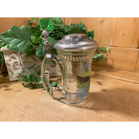 Vintage Eagle Clear Glass Beer Stein | Glass Beer Mug with Pewter Lid and Handle | Midcentury Modern Decor | Traditional Glass Beer Stein