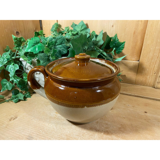 Vintage Two-Tone Stoneware Pot | Pearsons of Chesterfield | Brown + Tan Crock with Lid and Single Handle | Made In England | Farmhouse Decor
