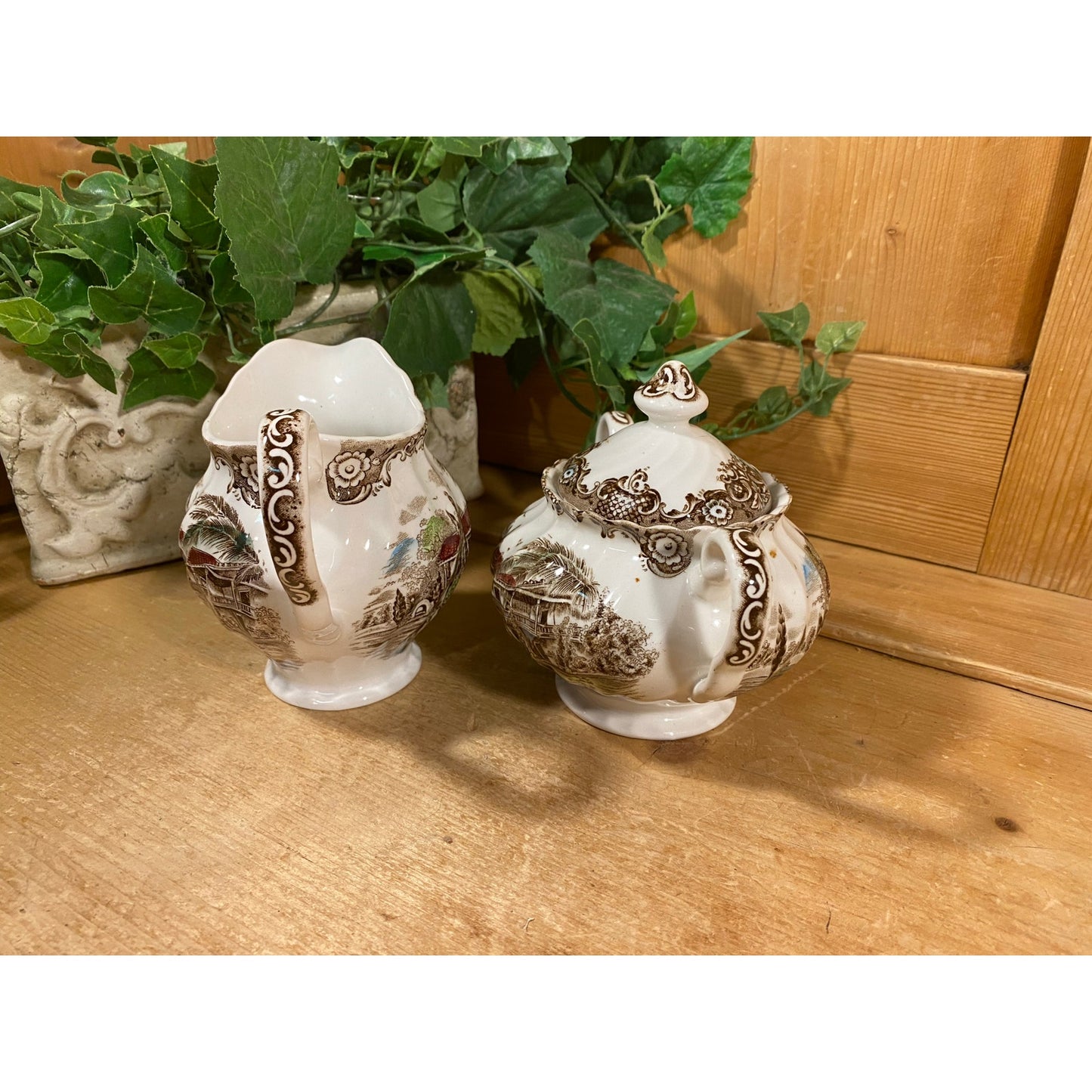 Vintage Brown Transferware Cream and Sugar Set  | Johnson Brothers | Heritage Hall | Made In England | Farmhouse | Cream Pitcher, Sugar Bowl