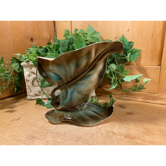 Vintage Green Leaf Pottery Vase | Shawnee Pottery | Forestcore Decor | 1950s | Leaves Pedestal Vase | USA | Midcentury Modern Table Decor