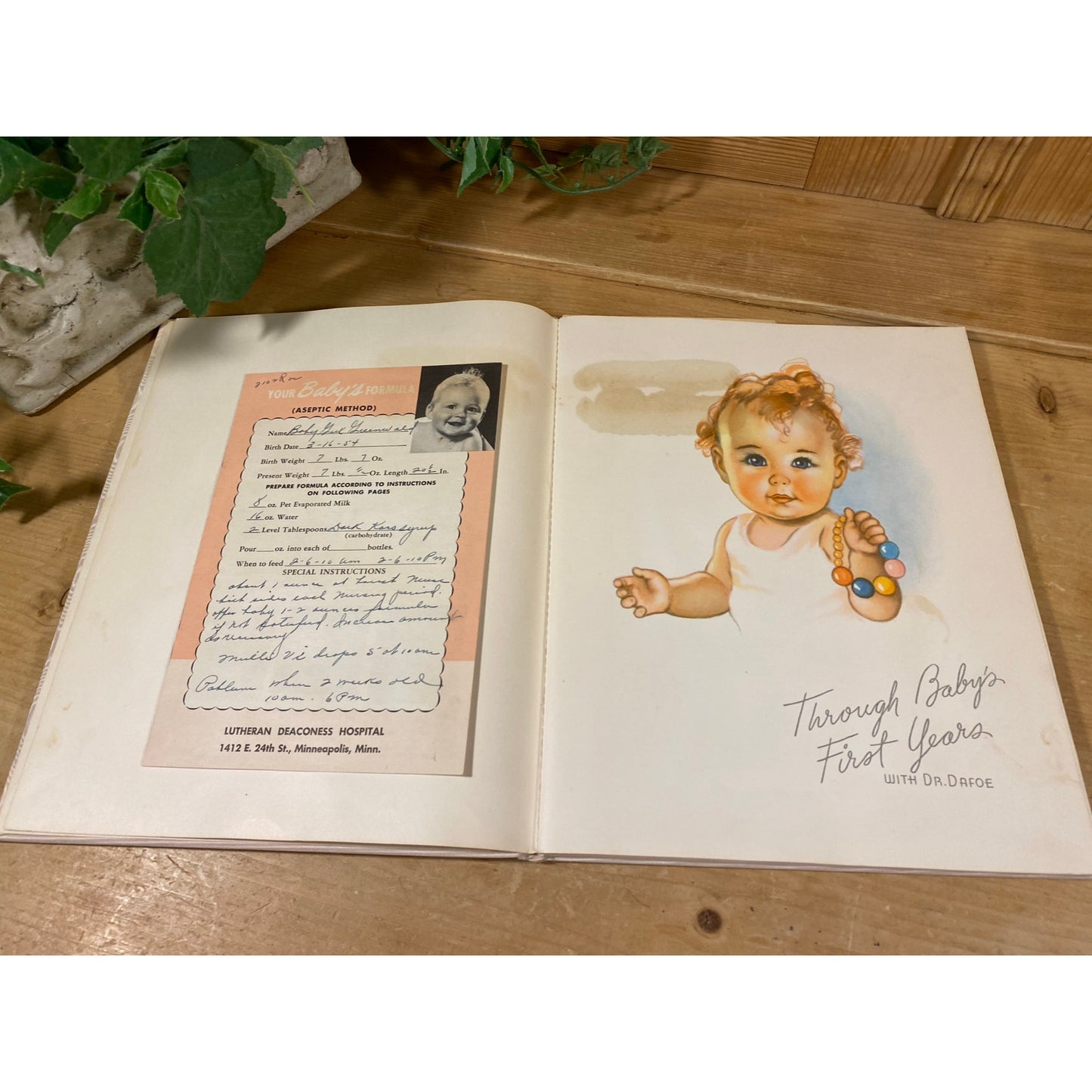 Vintage Baby Book (Already Filled - Ephemera About A Baby Born in 1954) | Through Baby's First Years | White and Pink | Moire Fabric Album