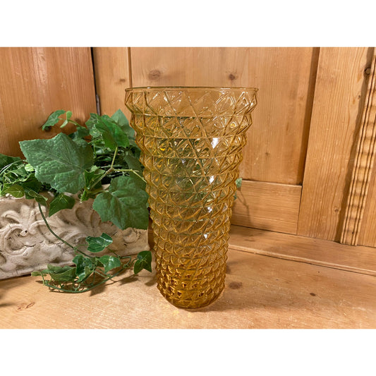 Vintage Amber Diamond Point Glass Vase | 1970s Table Decor | Yellow Textured Glass Flower Vase | Midcentury Modern Table Decor | Amber Glass