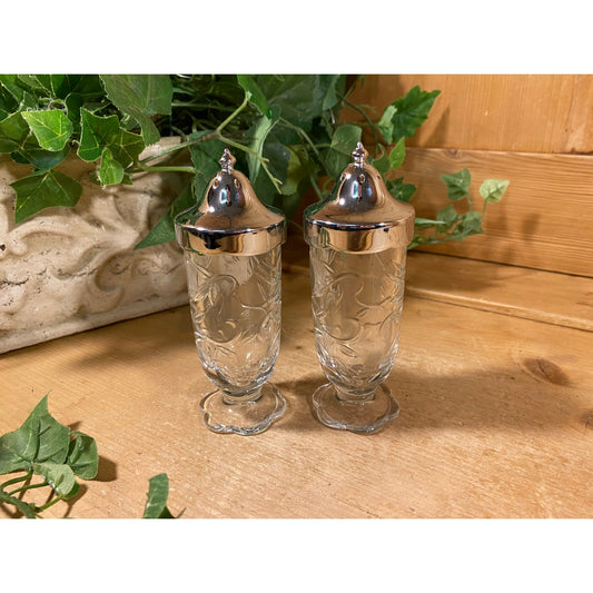 Vintage Princess House Fantasia Glass Salt + Pepper Shakers - Set of 2 | Midcentury Modern Decor | Pedestal Glass Shakers with Metal Tops