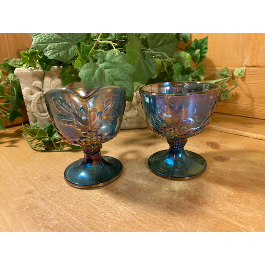 Vintage Harvest Grape Blue Carnival Glass Cream + Sugar Set | Indiana Glass | Shabby Chic | Iridescent Glass Cream Pitcher and Sugar Bowl