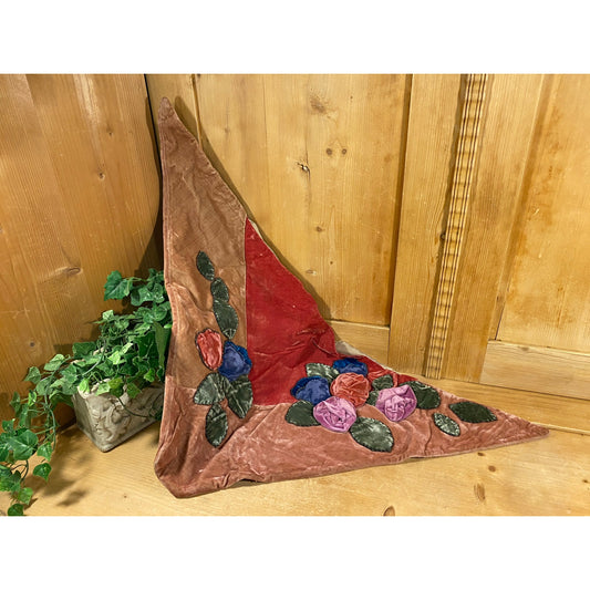 Vintage Velvety Corner Pillow Sham with Appliqued Flowers and Leaves | Textiles | Mauve, Blue, Rose, Green | Retro Triangular Throw Pillow