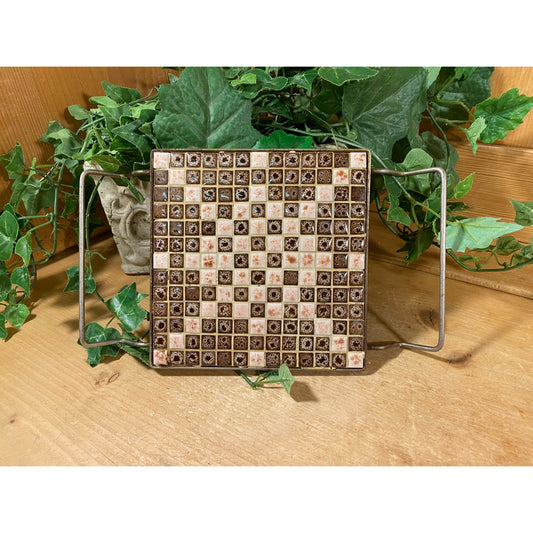 Vintage Mosaic Ceramic Tile Trivet Tray with Metal Handles | Neutrals | Midcentury Modern Decor | 1970s Kitchen Decor | Hot Pad | Pot Rest