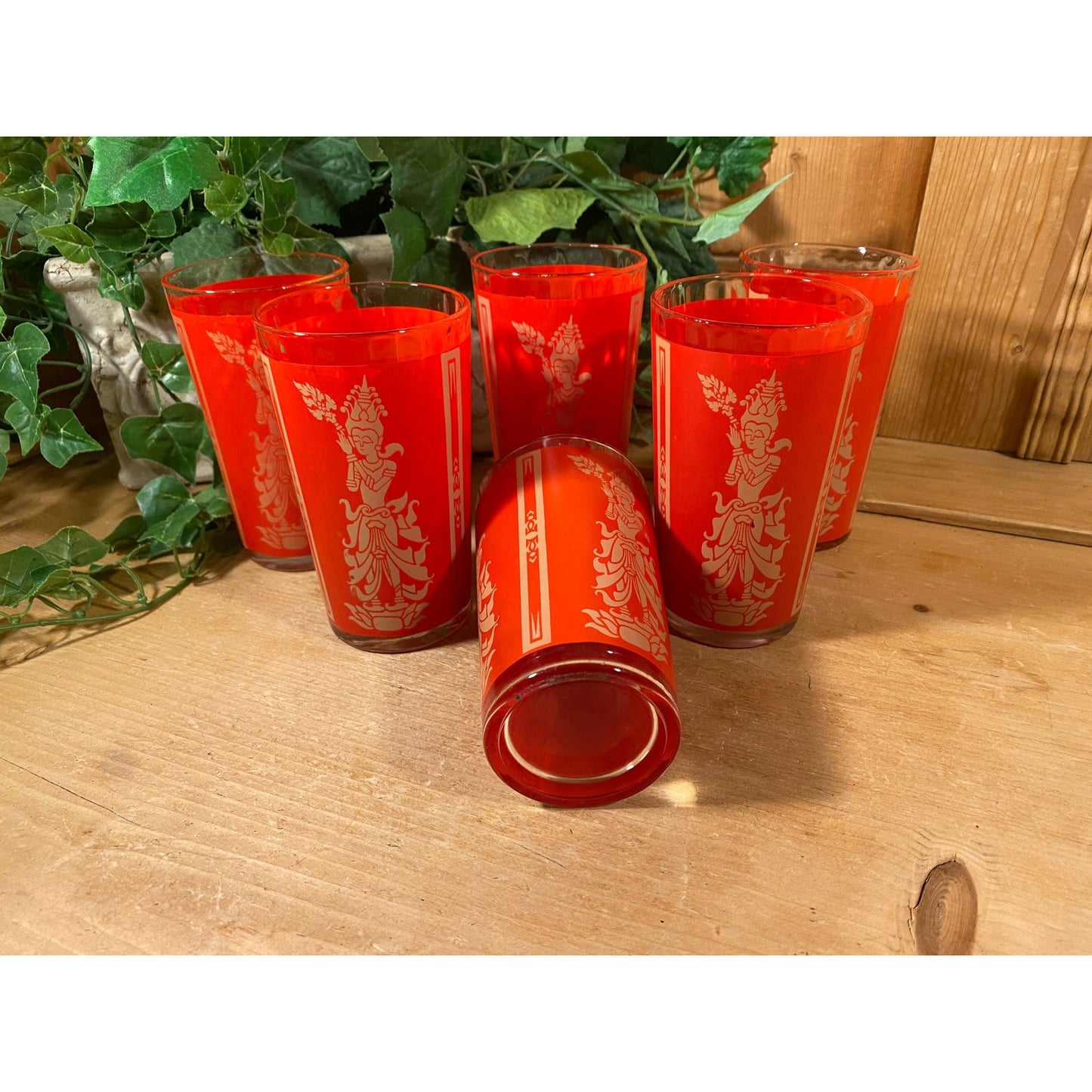 Vintage Red Thai Princess Glasses - Set of 6 | Culver | Midcentury Modern Drinking Glasses (D) | Thai Goddess | Academia | Goddess Glasses