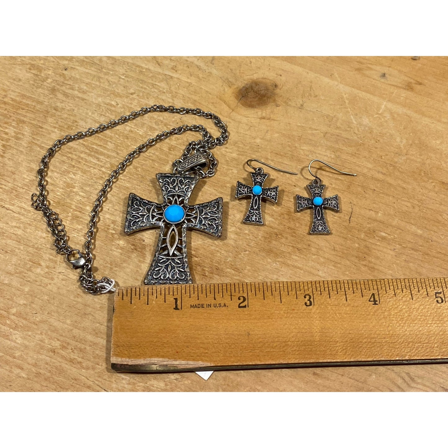 Vintage Gothic Cross Necklace and Earrings | Jokara | Metal Cross Necklace On Chain + Dangle Cross Pierced Earrings | Womens Fashion Jewelry