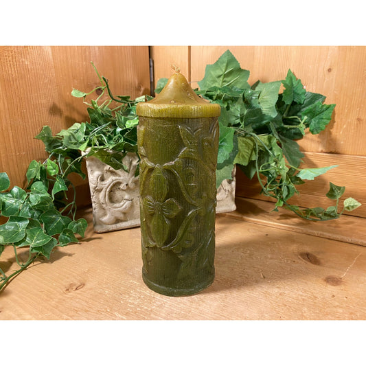 Vintage Avocado Green Pillar Candle with Molded Leaves | 1970s Table Decor | Decorative Earthy Green Candle with Embossed Leaf Pattern