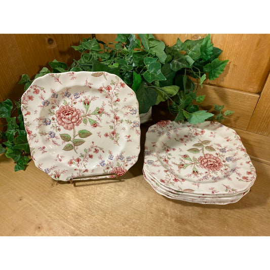 Vintage English Rose Chintz Pink Floral Plates - Set of 6 | Johnson Brothers | England | Pink Roses China Plate Set | Cottagecore Decor