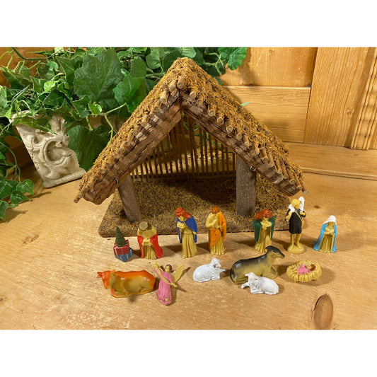 Vintage Wooden Manger Nativity Set with Figurines | Wooden Creche | Christmas Decor | Primitive Manger Scene | Baby Jesus, Mary, Joseph