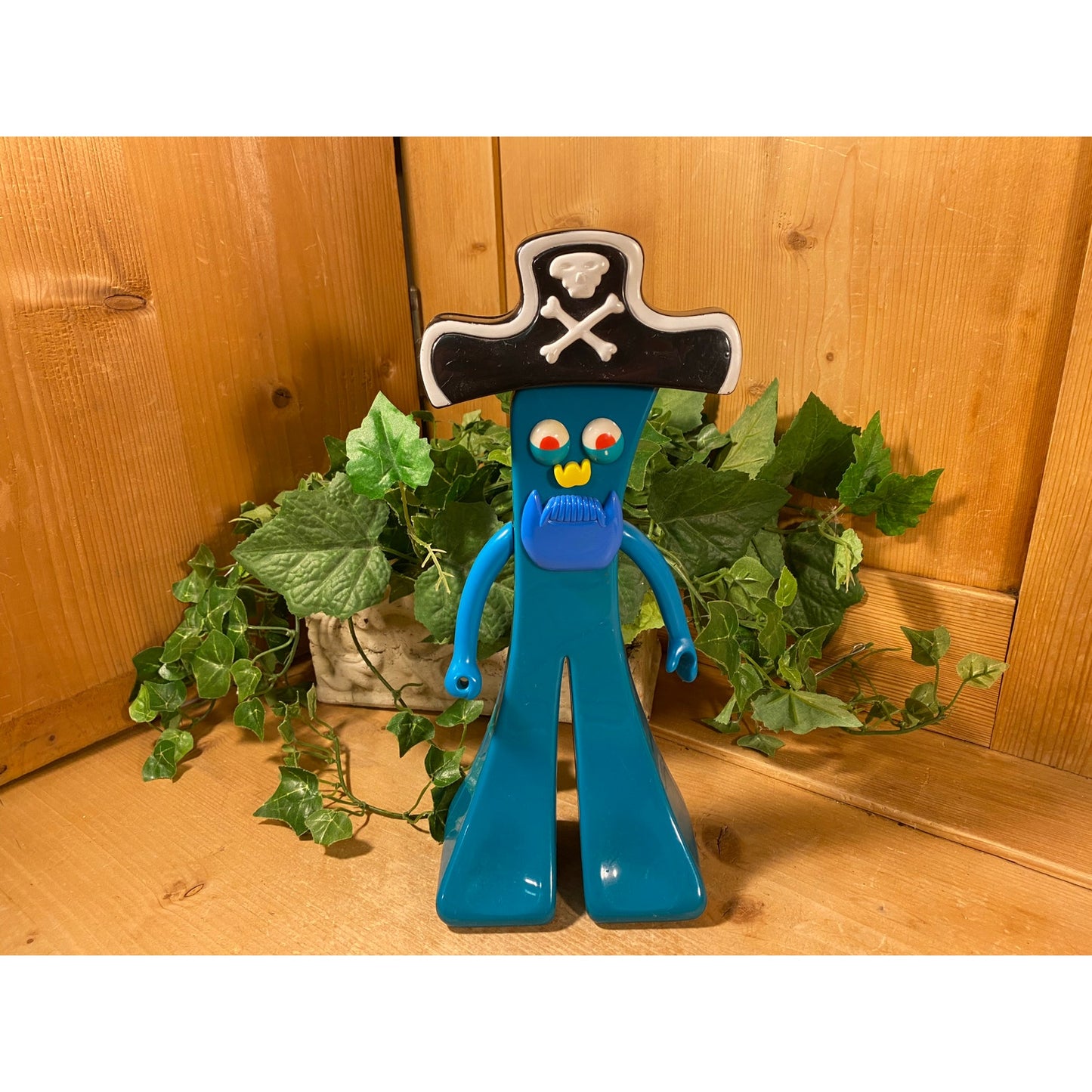Vintage Gumby Toy Figurine with Pirate Hat | Bendy Blue Gumby with Pirate Disguise | Retro Desk Decor | Gumby with Beard and Pirate Hat