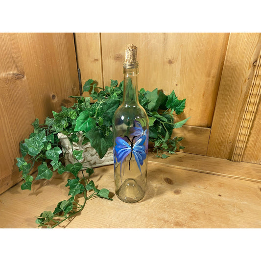 Vintage Glass Wine Bottle with Handpainted Butterflies | Butterfly Decor | Cottagecore Table Decor | Painted Blue Butterfly | Shabby Chic
