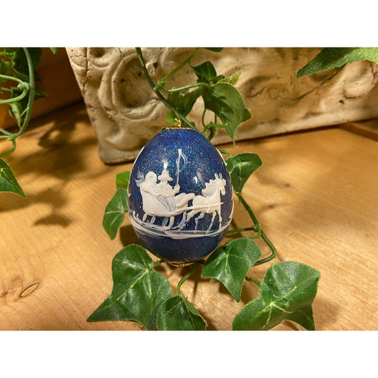 Vintage Handpainted Real Eggshell Ornament | Victorian Sleigh | Eggsquisite Egg | Blue Christmas Egg | Painted Chicken Egg Signed by Emily