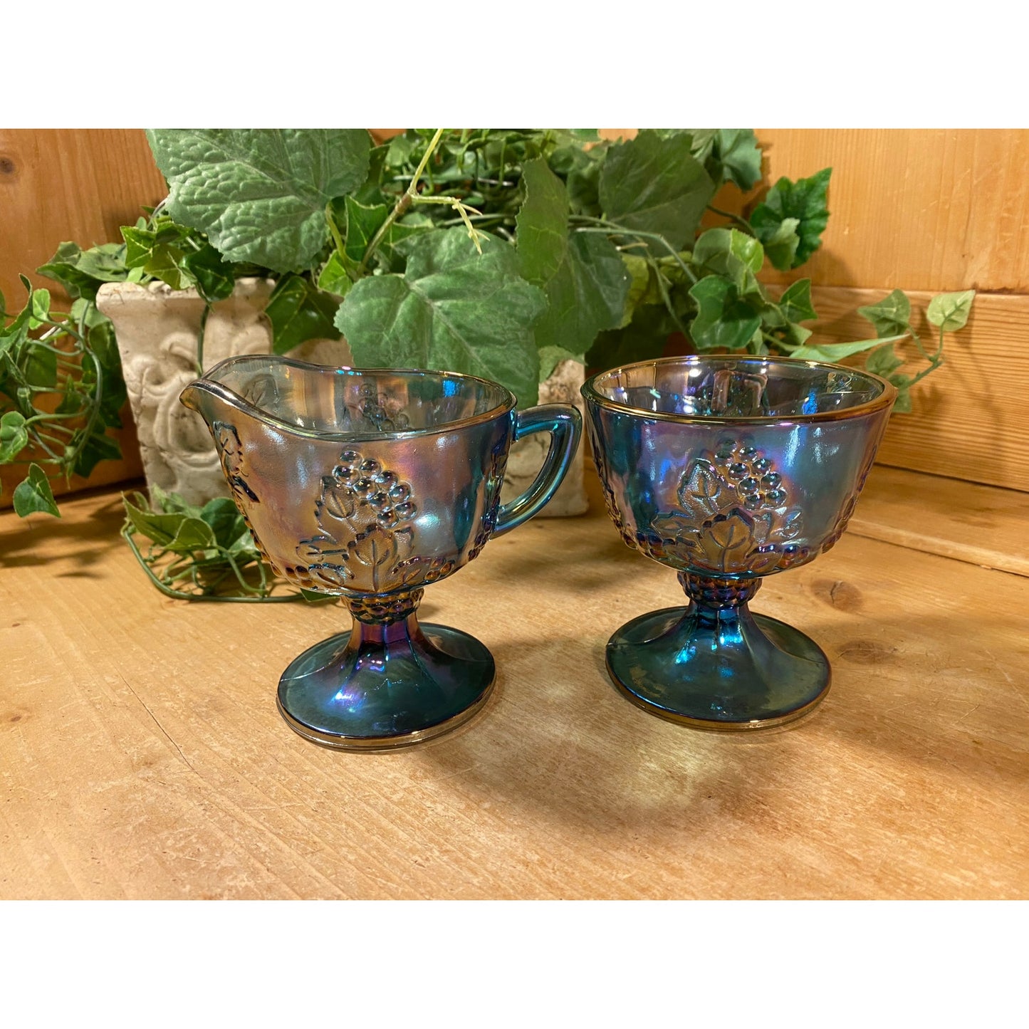 Vintage Harvest Grape Blue Carnival Glass Cream + Sugar Set | Indiana Glass | Shabby Chic | Iridescent Glass Cream Pitcher and Sugar Bowl