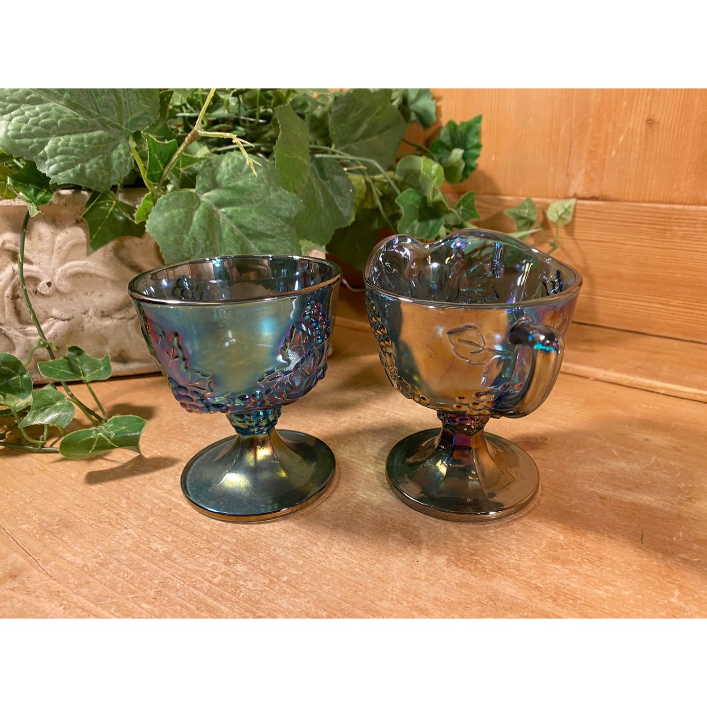 Vintage Harvest Grape Blue Carnival Glass Cream + Sugar Set | Indiana Glass | Shabby Chic | Iridescent Glass Cream Pitcher and Sugar Bowl
