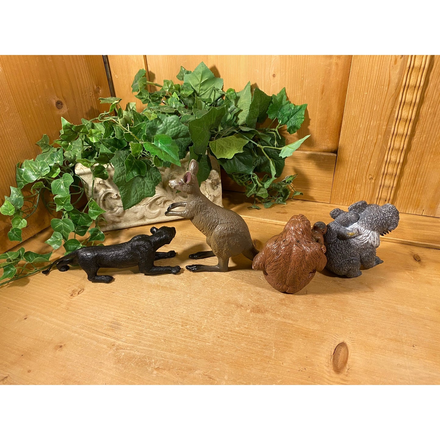 Vintage Realistic Heavy Molded Plastic Animals - Set of Four | Black Panther, Kangaroo, Koala Bear with Baby, Chimpanzee with Baby | Toys