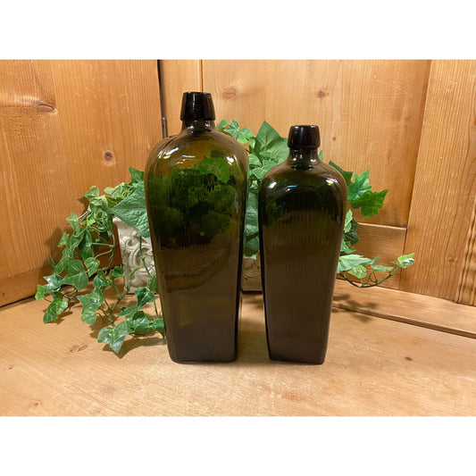 Antique Green Glass Bottles - Set of 2 | Olive Green Liquor Bottles | Primitive Shelf Decor | Rustic Farmhouse Kitchen | Vintage Bottles