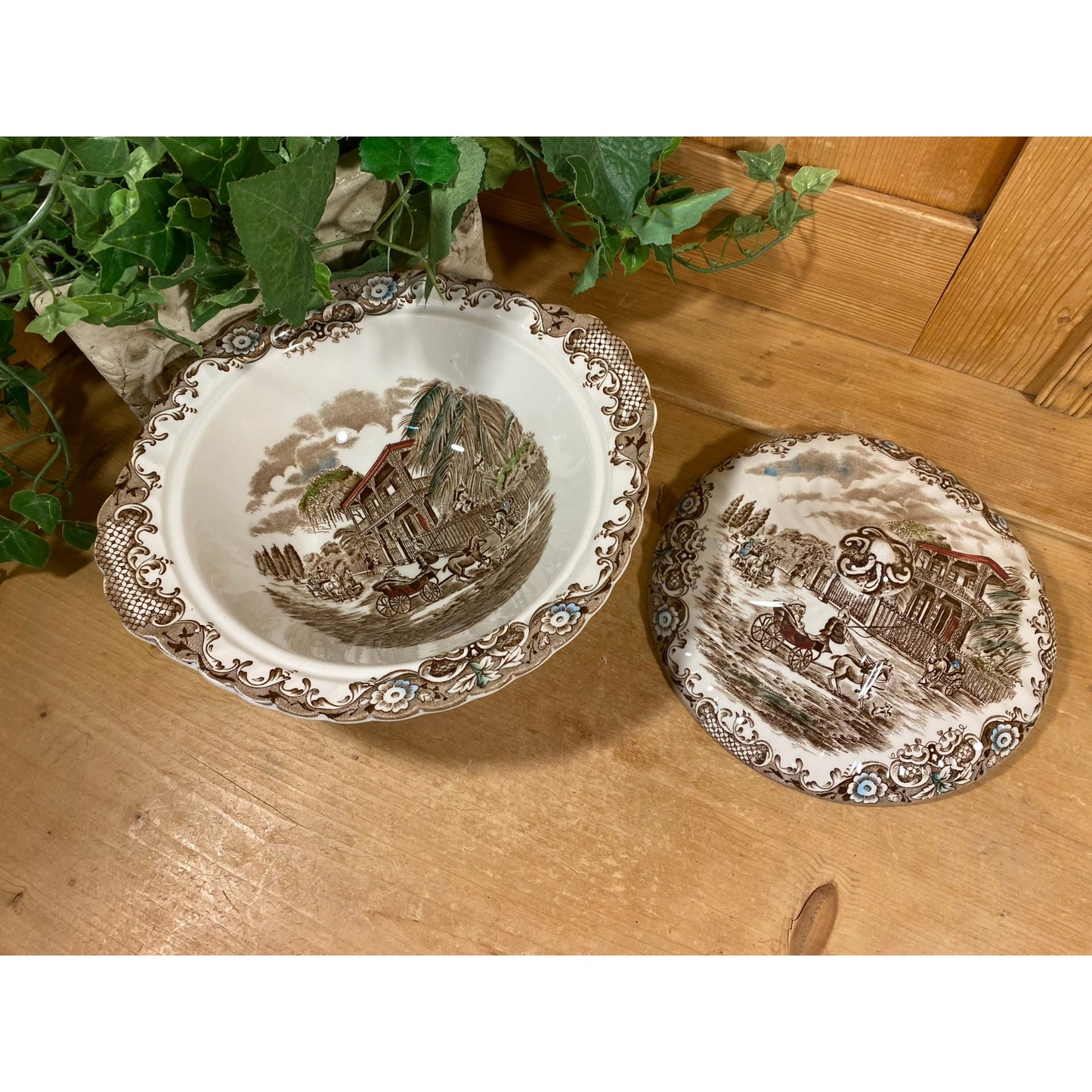 Vintage Brown Transferware Ironstone Covered Dish | Johnson Brothers | Heritage Hall | Made In England | Farmhouse | Vegetable Bowl with Lid