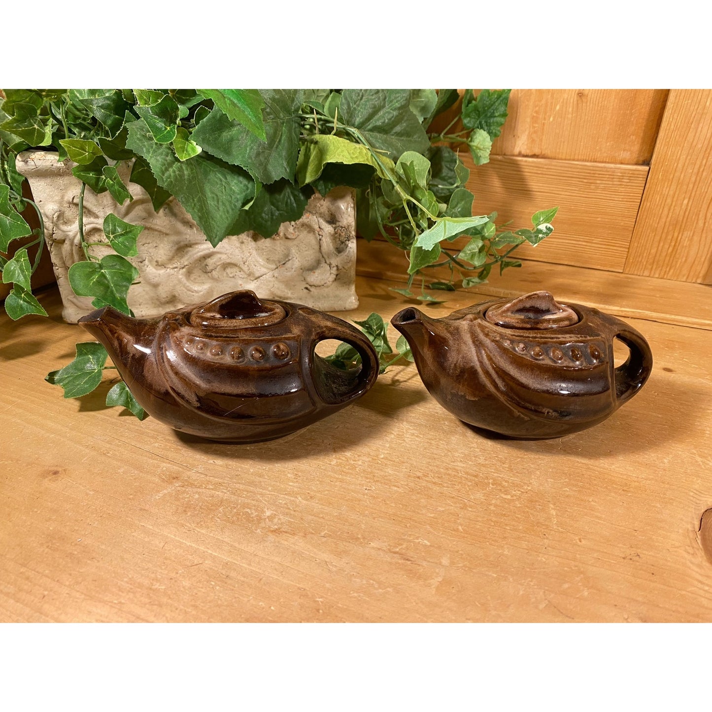 Vintage Brown Drip Ceramic Teapots - Set of 2 | Aladdin / Genie Teapot | Pair of Brown Pottery Teapots | Boho Kitchen Decor | Bohemian Decor